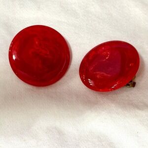 Authentic Vintage Bakelite Clip-On Earrings – Marbled Red Round – 1.25" Diameter